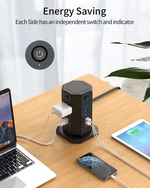 10-Foot Power Strip Tower With Eight Outlets And Five USB Ports, Dope Surge Protector With Individual Switches on desk