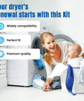 Woman with baby near laundry basket, highlighting Upgraded 134503600 Dryer Drum Belt & 5303281153 Rear Drum Bearing Kit Compatible with Frigidaire and Kenmore Dryers, Includes Ball Shaft, Bearing and Hardware; Replaces AP2142648 PS1148434 PS459829.