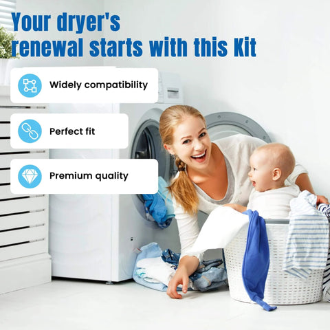 Woman with baby near laundry basket, highlighting Upgraded 134503600 Dryer Drum Belt & 5303281153 Rear Drum Bearing Kit Compatible with Frigidaire and Kenmore Dryers, Includes Ball Shaft, Bearing and Hardware; Replaces AP2142648 PS1148434 PS459829.