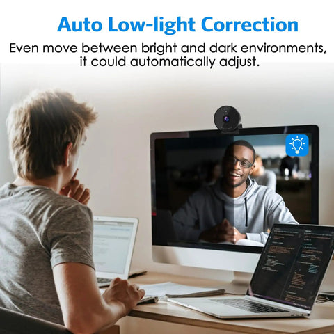 User engaged in video call using Slick 1080P USB Webcam With Crisp Stereo Mic And Slide Lock Privacy Slider For Dope Video Calls Remote Hustling Live Streaming Plug And Play Top Tier Lens Upgrade.