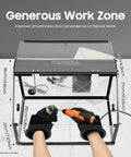 Fully Enclosed Electric Dust Box And Heavy Duty Debris Hauler For Workshop Rig and Commercial Cleanup Jobs showing 58cm work zone dimensions.