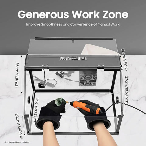 Fully Enclosed Electric Dust Box And Heavy Duty Debris Hauler For Workshop Rig and Commercial Cleanup Jobs showing 58cm work zone dimensions.