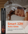 36 Inch Tower Space Heater For Large Rooms With 1500W Ceramic Electric Fireplace Effect showing Smart 12H Auto timer next to a sleeping person.