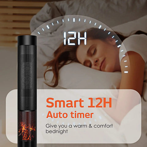 36 Inch Tower Space Heater For Large Rooms With 1500W Ceramic Electric Fireplace Effect showing Smart 12H Auto timer next to a sleeping person.