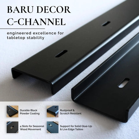 Close-up of Beefy Extra Wide 32 Inch C Channel Table Stiffeners Set Of Two For Heavy Duty Table Support showing black finish and slots.