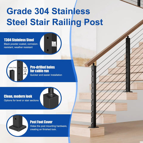 Adjustable Stair Cable Railing Post Kit For Twenty Five To Thirty Five Degree Angles, DIY Friendly Black Swageless System With Thirty Six Inch Posts, Includes Three Stair Posts And 200 Feet Of One Eighth Inch Stainless Cable No Handrail