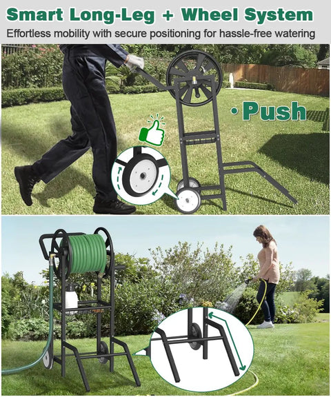 Person using Two Wheel Hose Reel Cart Heavy Duty Powder Coated Steel Backyard Outdoor Water Hose Holder for garden watering