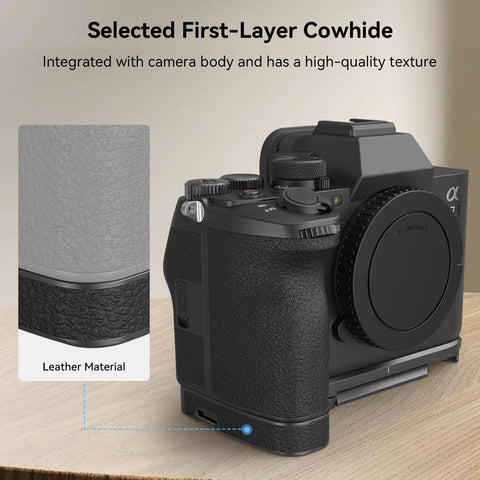 Baseplate For Sony A7 V A7R V A7 IV With Quick Release Plate And Arca Compatible QD Interface shown on camera with cowhide detail
