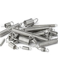 Stainless Steel Tension Springs With Hooks For Tool Accessories And DIY Projects 8mm Wire By 10 Pcs Set Including 20mm Extension Stretch Gears That Rock arranged on white background.