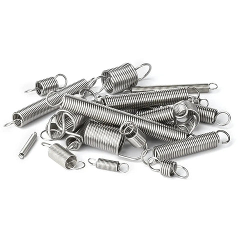 Stainless Steel Tension Springs With Hooks For Tool Accessories And DIY Projects 8mm Wire By 10 Pcs Set Including 20mm Extension Stretch Gears That Rock arranged on white background.