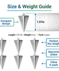 Six 3 Oz Pyramid Fishing Sinkers Bulk Pack For Ocean Saltwater Surf Fishing displayed with size and weight details