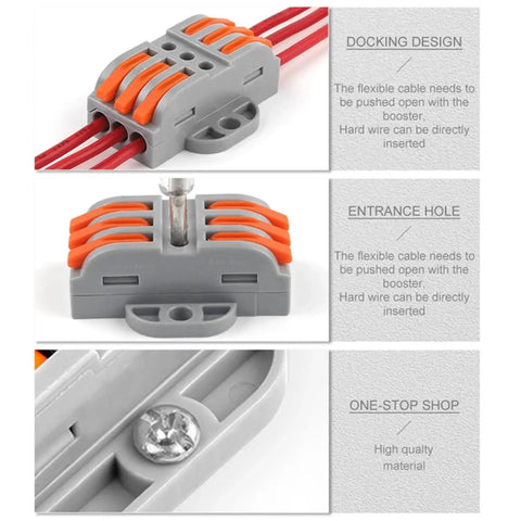 Wire Cable Connectors With Fix Hole Universal Compact Wiring Terminal Block for quick fixes, shown in use with red wires inserted