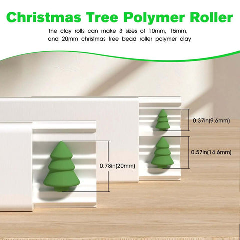 Christmas Tree Polymer Clay Bead Roller Set with 2 Rolls shown making beads in 3 sizes: 10mm, 15mm, 20mm, ideal for holiday crafts.