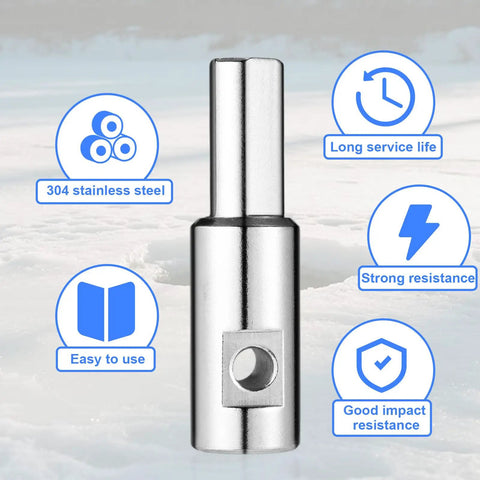 Stainless Steel Ice Auger Drill Bit Adapter Turns Your Manual Auger Into Electric Power Fits One Half Inch And One Quarter Inch Chuck Holes Heavy Duty Winter Fishing Tool For Quick Hassle Free Drilling And Hole Size Compatibility shown amidst icons highlighting features like 304 stainless steel durability, ease of use, long service life, and resistance qualities in a snowy backdrop.