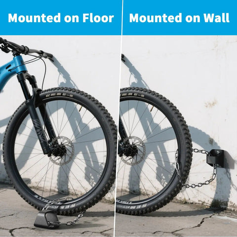 Premium Heavy Duty Badass Security Ground Anchor With Two Protected Expansion Bolts mounted on floor and wall with bicycle.