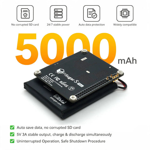 Heavy Duty 5000mAh Ups Battery For Raspberry Pi 4B And 3B Plus, showing compact design with mounting points and power output indicators.