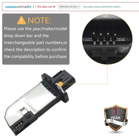 Mass Air Flow Sensor For Ford F-150 F-250 F-350 Mustang Explorer Taurus Lincoln Navigator MKS MKT 2011-2016 Replacement OE BR3Z 12B579-A Drop-In Easy Install Fit shown with electronic contact points and one-year warranty badge