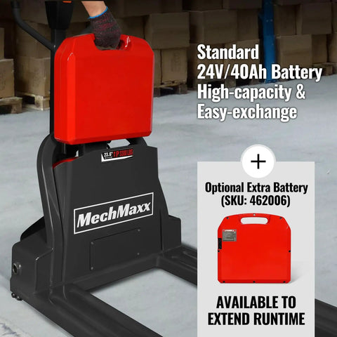 Heavy Duty Mechanics Electric Pallet Jack With 3300 Lbs Lift Capacity And Removable Lithium Ion Battery for smooth warehouse operations, showing removable battery.