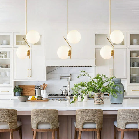 Two Light Glass Globe Pendant Light In Brushed Brass Gold Finish Modern Mid Century Style For Kitchen Island Large White Glass Globes