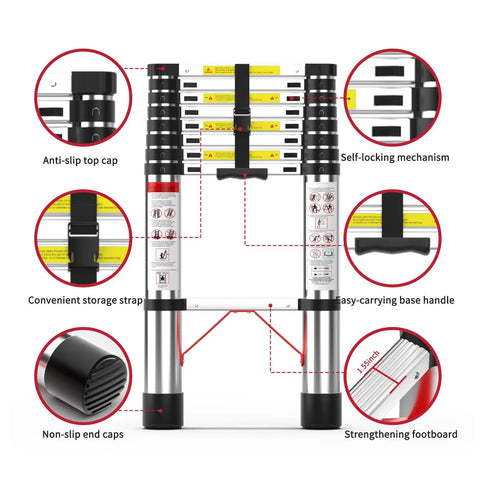 8.5 Ft Telescoping Aluminum Ladder With 330 Lb Capacity, Foldable Retractable Extension Ladder For Home Chores Attic Roof RV And Outdoor Cleaning, Stable Locking System For Safe Easy Climb, folded with safety features