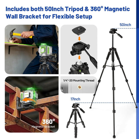Self Leveling 360 Green Laser Level Kit with 50 Inch Tripod, laser lines for construction and picture hanging, magnetic bracket visible