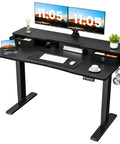 Top Shelf Electric Standing Desk 55x26 Inch with dual monitor shelf, two drawers, smooth silent glide home office setup.
