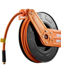 Professional Grade Retractable Air Hose Reel Half Inch By Fifty Feet Solid Rubber Compressor Line showcasing orange hose reel and fittings.
