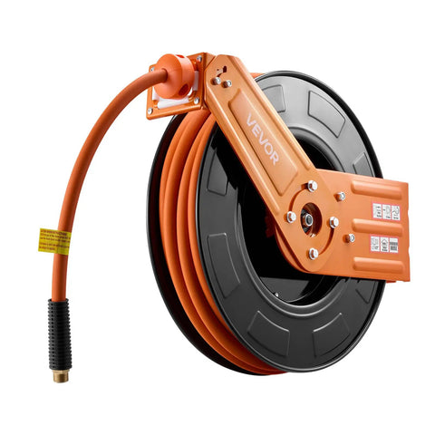Heavy Duty Retractable Air Hose Reel Winds Sixty Five Feet Of One Half Inch Rubber Tubing with orange hose and wall mount.