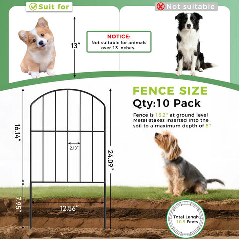 Decorative Garden Fence For Yard And Patio, Rustproof Black Metal Barrier Panels, 10-Panel Set Spanning 10.5 Feet Long By 24 Inches High, Outdoor Pet Fence For Small Animals, Easy Freestanding Lawn Border diagram with pet suitability guide.