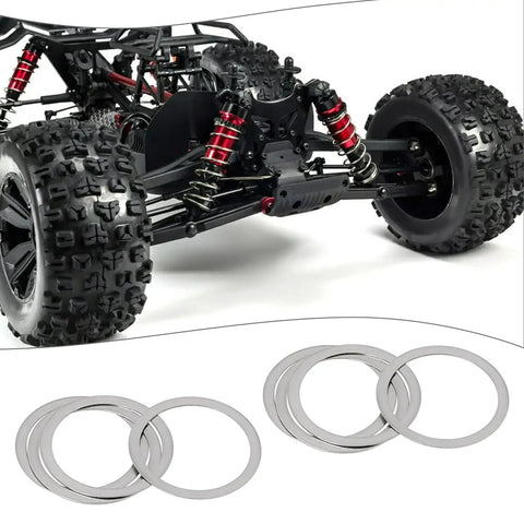 8Pcs Beefed Up Rc Differential Shim Set For Armma 6s BLX Rc Cars Outer Diameter 16Mm Inner Diameter 13Mm Thickness 0.2Mm Steel Diff Spacer Silver Compatible With Kraton Talion Notorious shown with RC car in background.