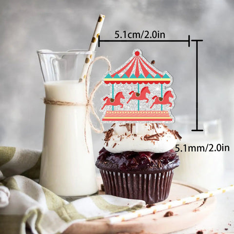 Cupcake with circus tent topper from 18 Pieces Red Glitter Fireworks Cupcake Toppers for Circus Theme Parties Clown Hot Air Balloon Carnival Tent Decor Supplies Party Ready for Baby Girl or Boy Birthday Cakes and Cupcakes next to milk jar.