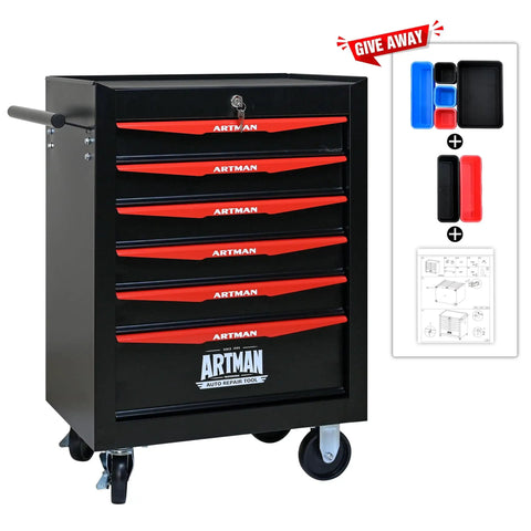 Heavy Duty 20 Inch Rolling Metal Toolbox Cabinet With Six-Drawer Ball Bearing Slides, Steel Tool Storage Organizer In Black And Red For Workshop And Garage