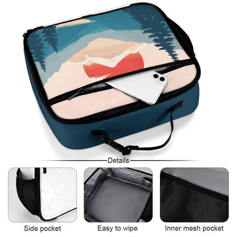 Mountain Landscape Insulated Lunch Box Reusable Cooler Bag Tote For Women Men Kids Sun Design with side pocket and phone