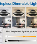 Low Profile Flush Mount Ceiling Fan With Lights, 19 Inch Bladeless Ceiling Fan with remote shown in living room, stepless dimmable light display