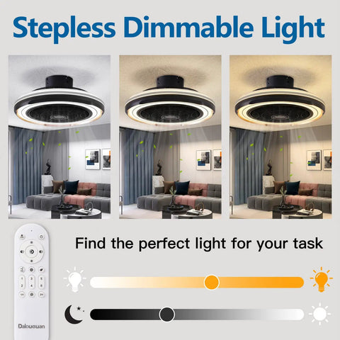 Low Profile Flush Mount Ceiling Fan With Lights, 19 Inch Bladeless Ceiling Fan with remote shown in living room, stepless dimmable light display