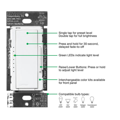Diagram of Maestro Pro LED Plus Tap Dimmer Switch For 250W LED, showing features and compatible bulb types.