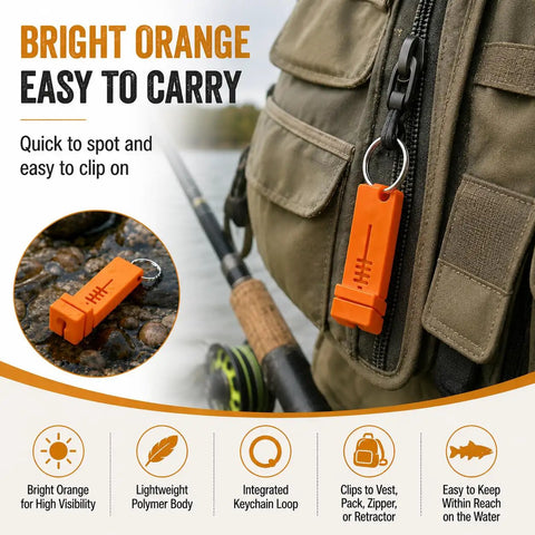Two Pack Magnetic Fly Threader And Knot Tying Tool With Keychain In Orange, Grab And Go Fishing Gear For Quick Threading And Easy Secure Knots, Great Spare Set For You And Your Buds On The Water. Bright orange polymer clip-on fly threader with keychain loop on vest