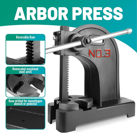 Badass 3 Ton Manual Arbor Press With Smooth Hand Wheel, Heavy Duty Cast Iron Frame And 12 Inch Capacity showcasing reversible ram and steel anvil.