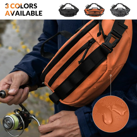 Angler holding rod, wearing orange All In One Fishing Waist Pack Kit with Tackle Box and Lure Kit, waterproof fabric detail shown.