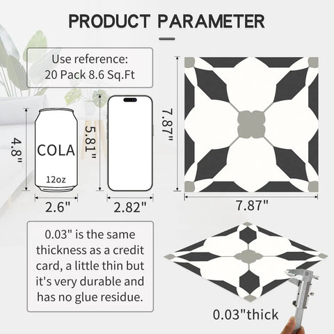 Diagram of Self Adhesive Peel And Stick Floor Tiles 20 Pack 7.87 Inch Square DIY Vinyl Flooring Renters Friendly Waterproof Removable Tile Stickers