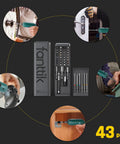 43 Piece Screwdriver Bit Set With S2 Steel, Quarter Inch Hex, aluminum case, and various bit sizes shown in DIY use