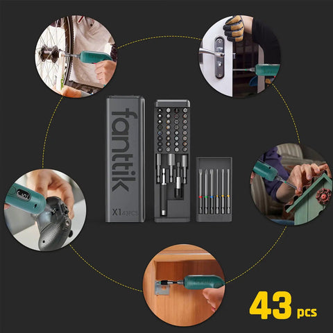 43 Piece Screwdriver Bit Set With S2 Steel, Quarter Inch Hex, aluminum case, and various bit sizes shown in DIY use