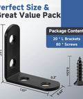 Heavy Duty L Bracket Corner Braces Kit With Matching Screws For Wood Furniture Frames, 1.57in size and black color.