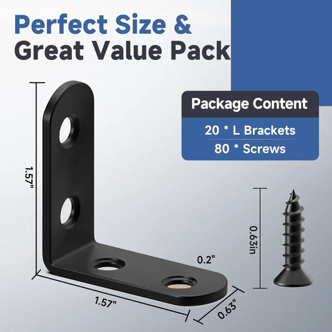 Heavy Duty L Bracket Corner Braces Kit With Matching Screws For Wood Furniture Frames, 1.57in size and black color.
