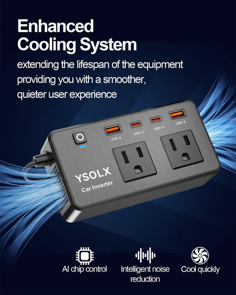 300W Portable Car Power Inverter With Four USB C And USB A 24W Ports And Dual 110V AC Outlets featuring enhanced cooling system
