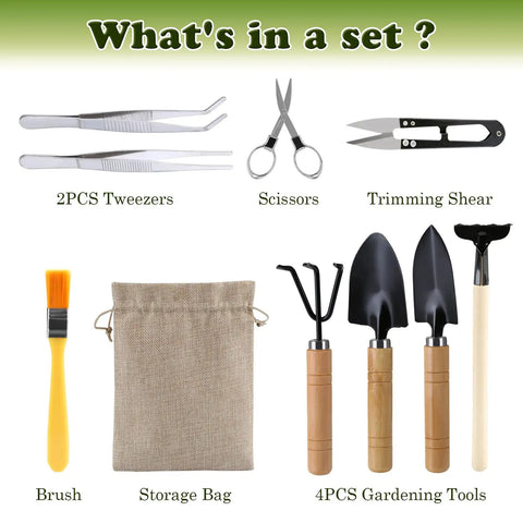 All In One Bonsai Tools Set For Beginners And Hobbyists, 9 Piece Mini Garden Kit with tweezers, scissors, pruning shears, brush, and spade.