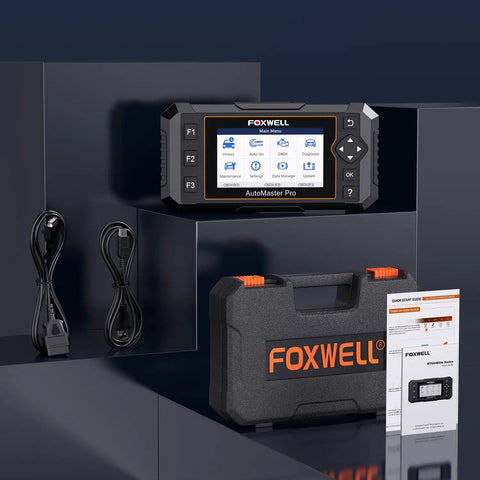 NT614 Elite OBD2 Scanner For DIY Mechanics with cables, carrying case, and manual, displaying diagnostics screen