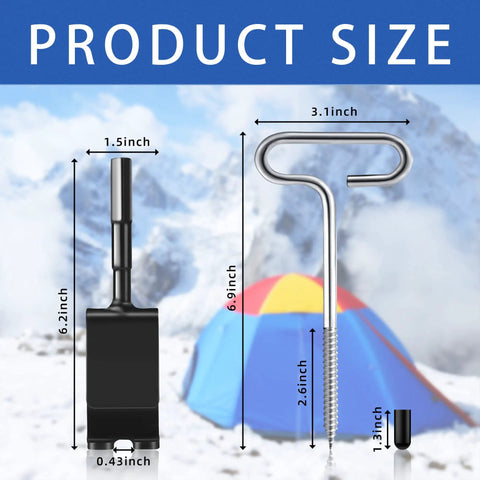 Ice Anchor Drill Adapter Kit With 4 Threaded Peg Stakes product dimensions and scale comparison for ice shelter setup.