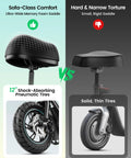 Electric Scooter With Seat For Adults 550W Motor Foldable Commuter Ride Up To 19 MPH Top Speed And 20 Mile Range 12 Inch Pneumatic Tires Pet Basket Carry Bag Black comparison of seat comfort and tire type.