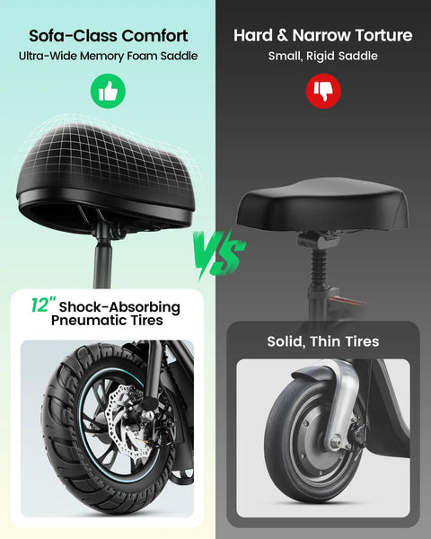 Electric Scooter With Seat For Adults 550W Motor Foldable Commuter Ride Up To 19 MPH Top Speed And 20 Mile Range 12 Inch Pneumatic Tires Pet Basket Carry Bag Black comparison of seat comfort and tire type.
